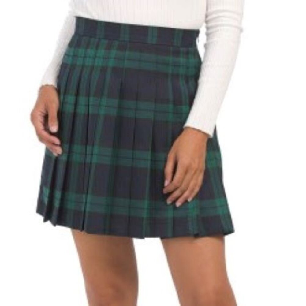 Bagatelle Collection Blue and Green Plaid Pleated Skirt Small